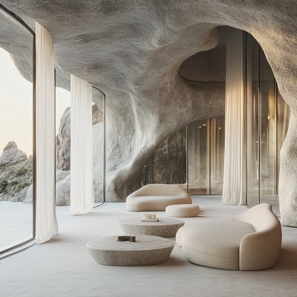 A minimalist living space carved into a cave-like structure features expansive windows offering breathtaking views of a rocky landscape.  Neutral-toned, organic-shaped sofas and low stone coffee tables create a serene atmosphere.  Sheer curtains softly filter light, complementing the natural textures of the stone walls and the calming overall design.  The space feels both luxurious and harmoniously integrated with its environment.