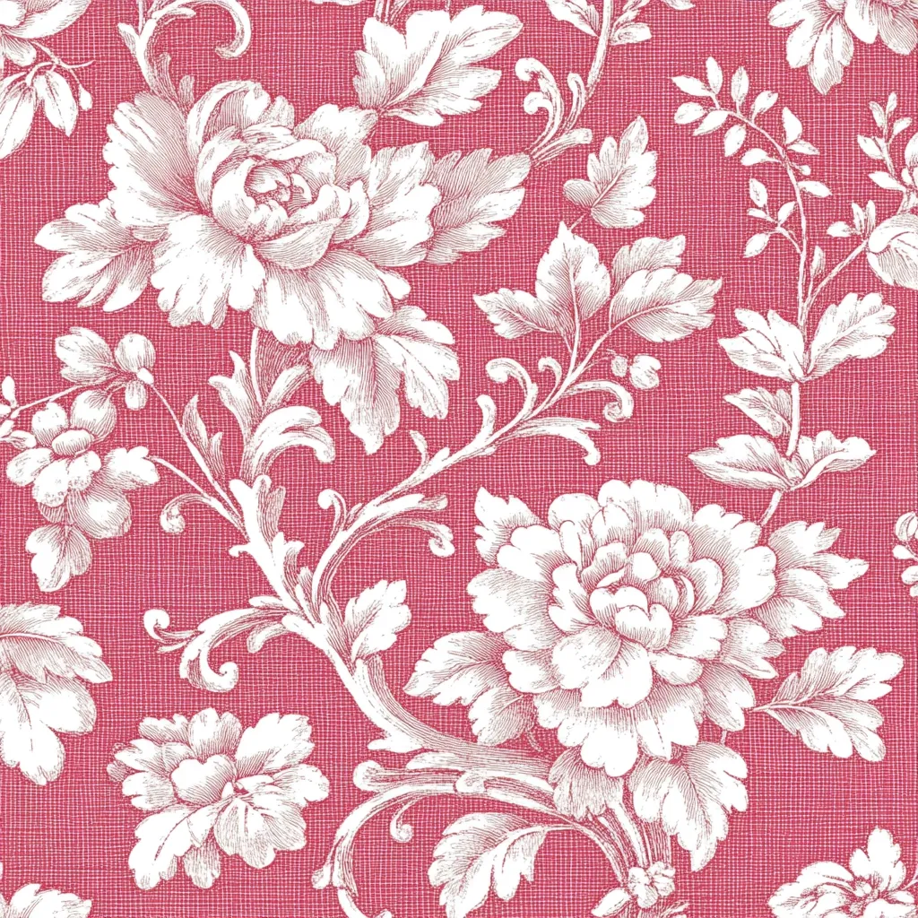 A seamless textile pattern features a repeating design of off-white flowers and ornate foliage on a pink background. The style is reminiscent of toile, with detailed, hand-drawn-like floral elements.  The pink background has a subtle textured effect, adding depth to the design.  The overall aesthetic is elegant and classic.