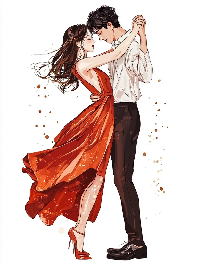 An illustration depicts a romantic couple elegantly embracing in a dance pose.  The woman, in a flowing red gown, is held closely by her partner, who wears a white shirt and dark trousers.  Their eyes are locked, conveying intimacy and affection. The style is reminiscent of fashion illustration, with soft lines and a watercolor-like background effect. The overall mood is one of passionate love and grace.