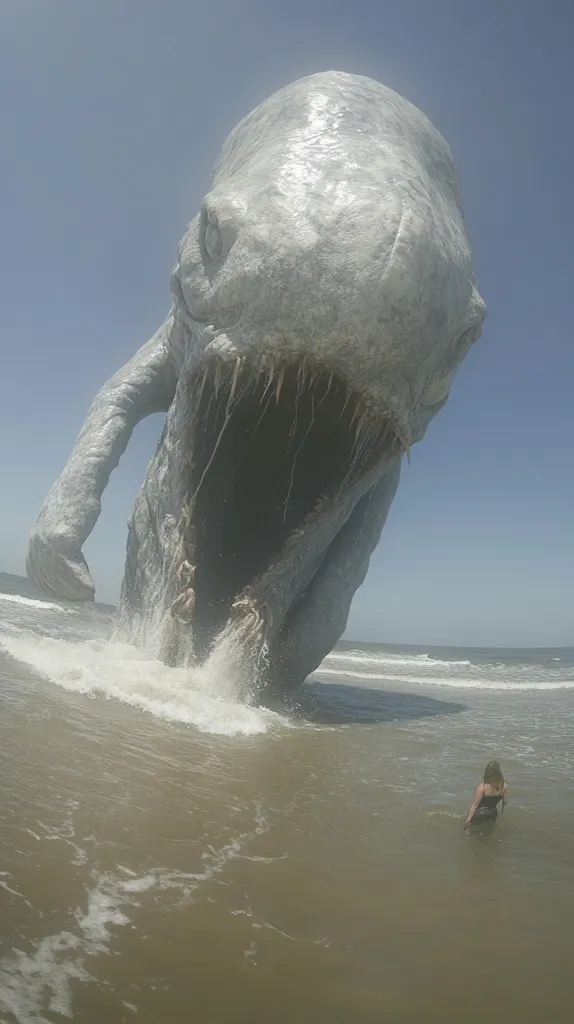 A massive, gray, creature-like sculpture emerges from the ocean waves on a sunny beach.  Its gaping maw and textured surface create a dramatic, almost monstrous, effect.  A lone person wades in the shallows nearby, providing a sense of scale to the immense artwork. The sky is clear and blue, contrasting with the sculpture's muted color. The scene is surreal and striking.