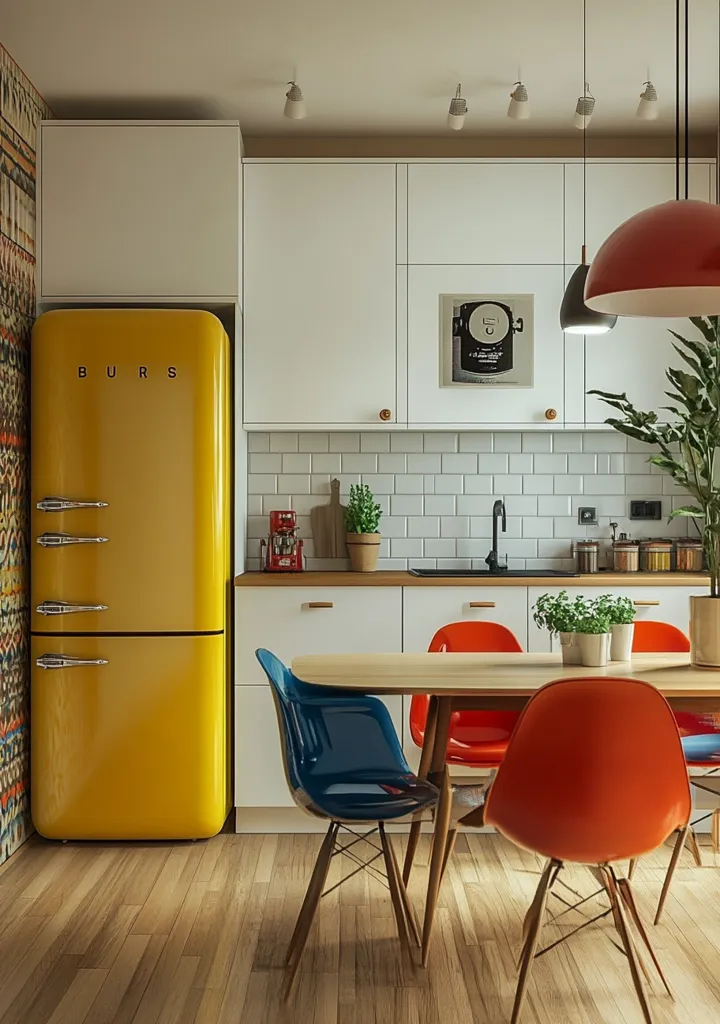 A bright and cheerful kitchen features a vibrant yellow retro refrigerator, white cabinetry, and subway tile backsplash.  Mid-century modern dining chairs in orange and blue surround a light wood table.  Pendant lights hang above, adding to the retro aesthetic.  A patterned wallpaper accents one wall, completing the stylish and modern space.