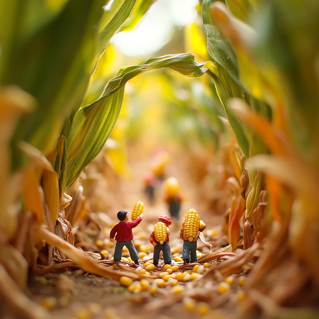 Miniature figures, resembling farmers, carry large ears of corn down a narrow path between tall corn stalks.  The path is strewn with fallen corn kernels.  The scene is bathed in warm, golden sunlight, creating a charming and idyllic harvest tableau.  The depth of field focuses on the figures, highlighting their small scale against the expansive cornfield.