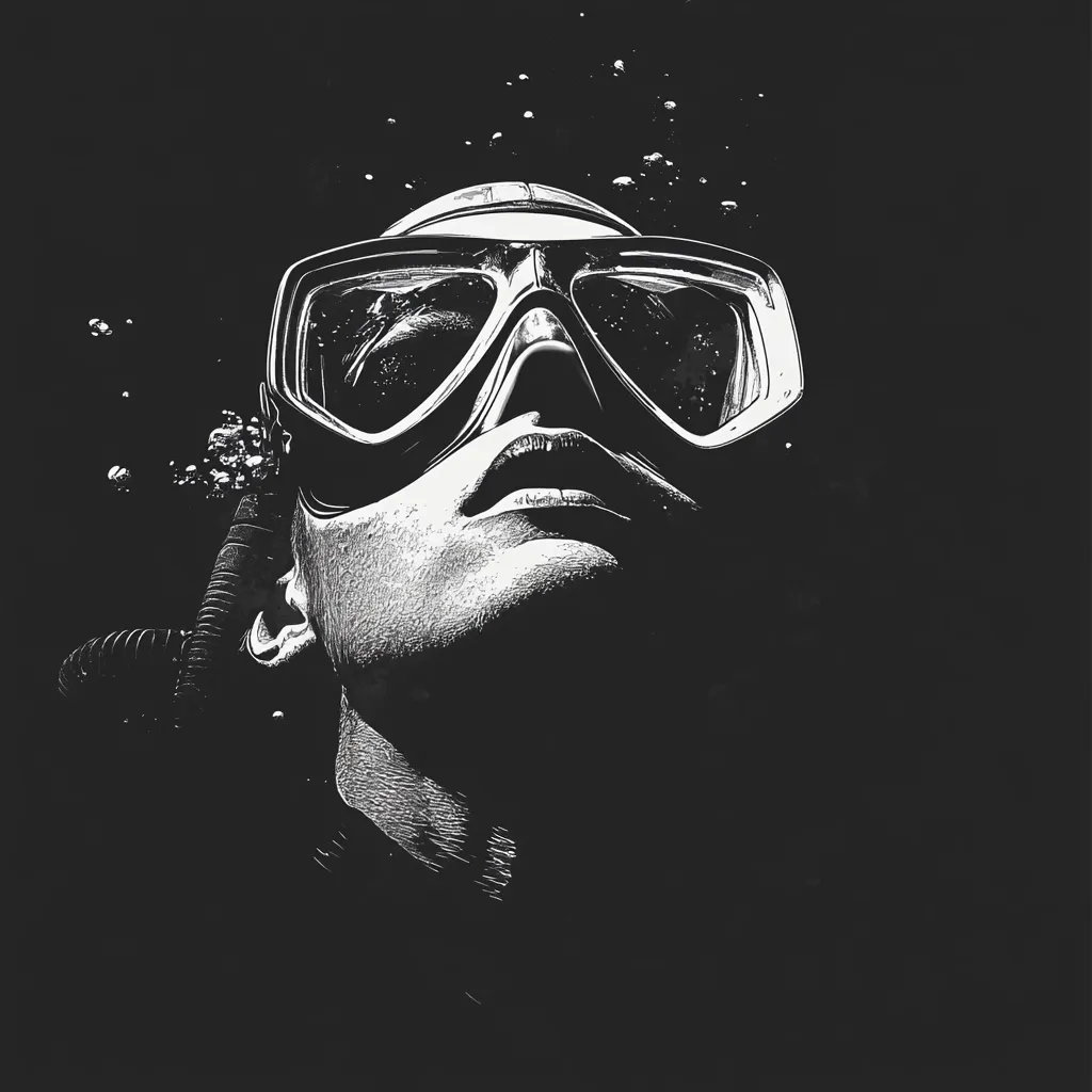 A black and white illustration of a diver's face, viewed from below.  The diver's eyes are visible through a diving mask, bubbles rising around their head.  The image is stark, contrasting the light on the mask and face against the dark background of the water. The style is reminiscent of a woodcut or linocut print.  A sense of calm and underwater tranquility is evoked.