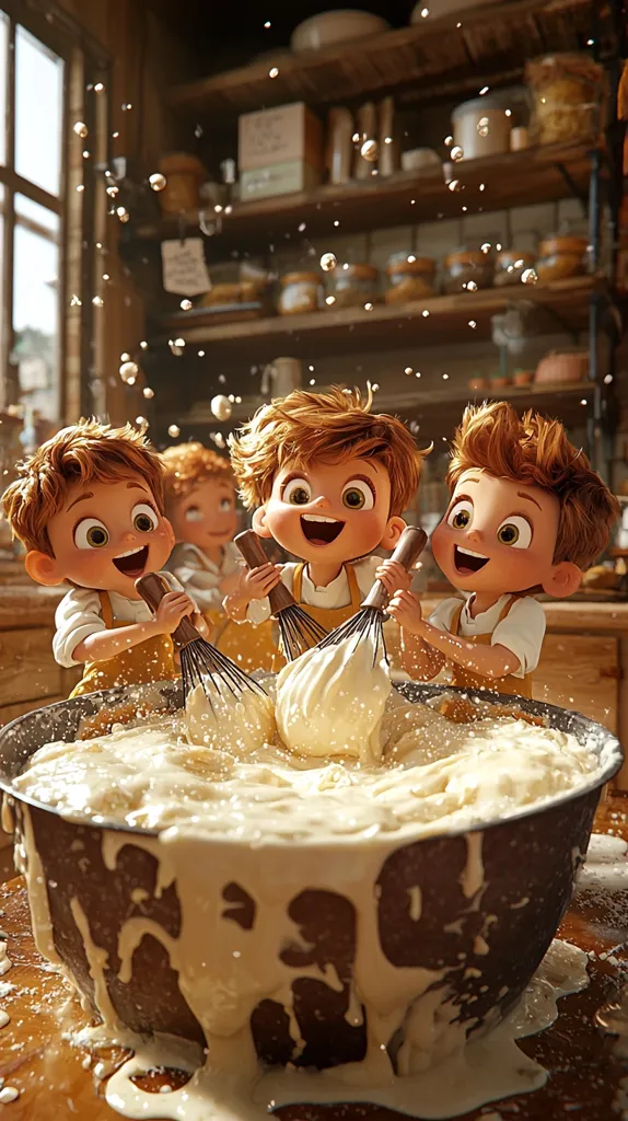 Three adorable cartoon boys, with cheerful expressions and matching outfits, are enthusiastically whisking a large bowl of creamy batter in a rustic kitchen.  Flour and batter splatter around them as they joyfully participate in the baking process. The scene is filled with warmth and a sense of playful energy.
