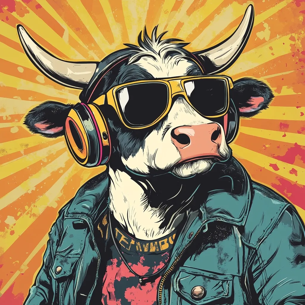 A cool bull, wearing sunglasses and headphones, sports a stylish teal leather jacket over a vibrant graphic tee.  The illustration is rendered in a bold, pop art style against a radiating sunburst background, creating a dynamic and energetic image.  The bull's expression is one of relaxed coolness, emphasizing the juxtaposition of its animal nature and fashionable attire.