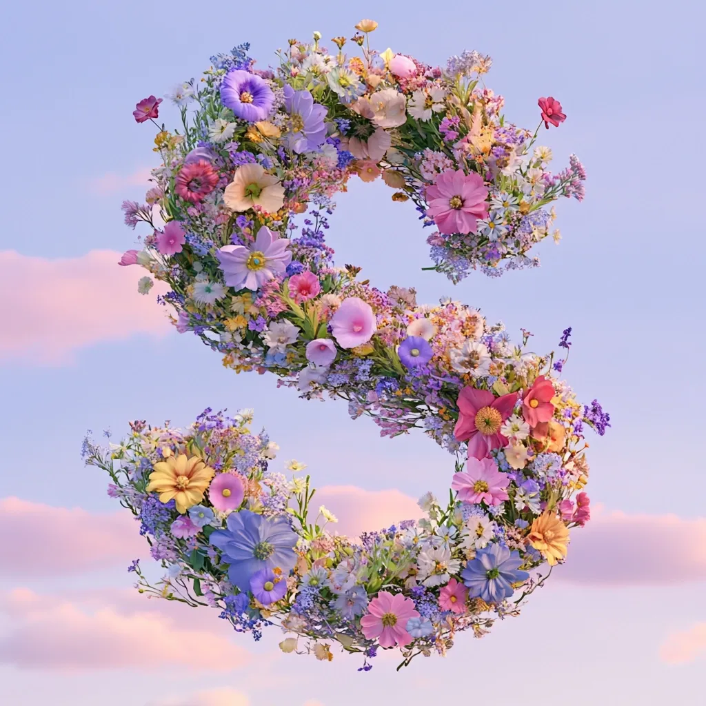 A vibrant letter "S" is crafted entirely from a profusion of colorful wildflowers.  The blossoms, in shades of pink, purple, yellow, and blue, create a lush, three-dimensional form against a soft, pastel sky.  The image evokes a feeling of springtime and natural beauty, with the delicate flowers arranged with meticulous detail.