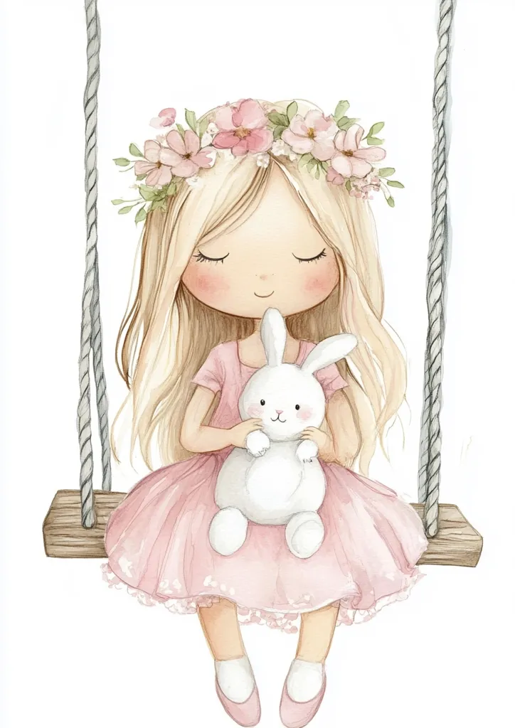 A watercolor illustration of a cute blonde girl sitting on a swing. She wears a pink dress and a flower crown, and gently holds a white bunny.  Her eyes are closed, suggesting a peaceful and serene moment. The overall style is sweet and whimsical, perfect for children's decor.