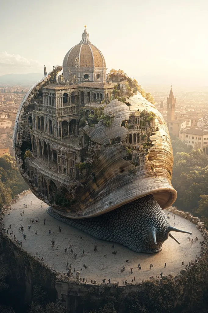 A colossal snail carries a fragmented, yet majestic, cityscape on its shell.  The shell, cracked and overgrown with vegetation, reveals a miniature city reminiscent of Florence, Italy, with a prominent dome visible amidst the ruins.  Tiny figures populate a plaza at the base of the snail, dwarfed by the scale of the fantastical creature and its architectural burden. The scene is bathed in soft, golden light, creating a surreal and awe-inspiring image.
