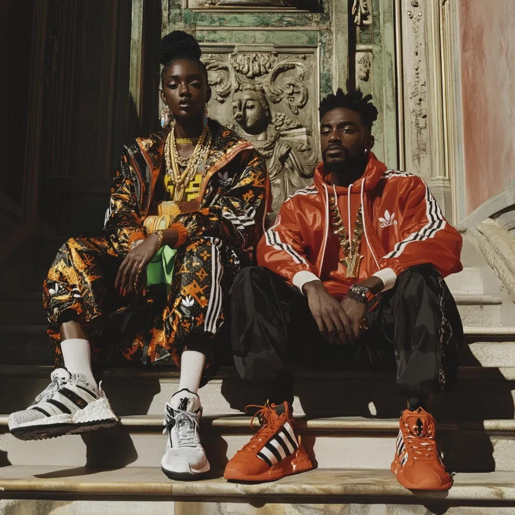 A fashion photoshoot features a stylish Black couple, seated on stone steps.  The woman wears a vibrant gold and black Adidas tracksuit with layered necklaces, while the man sports an orange Adidas tracksuit and a gold chain.  Both are wearing Adidas high-top sneakers.  The backdrop is an ornate stone building, creating a striking contrast between modern fashion and classical architecture.
