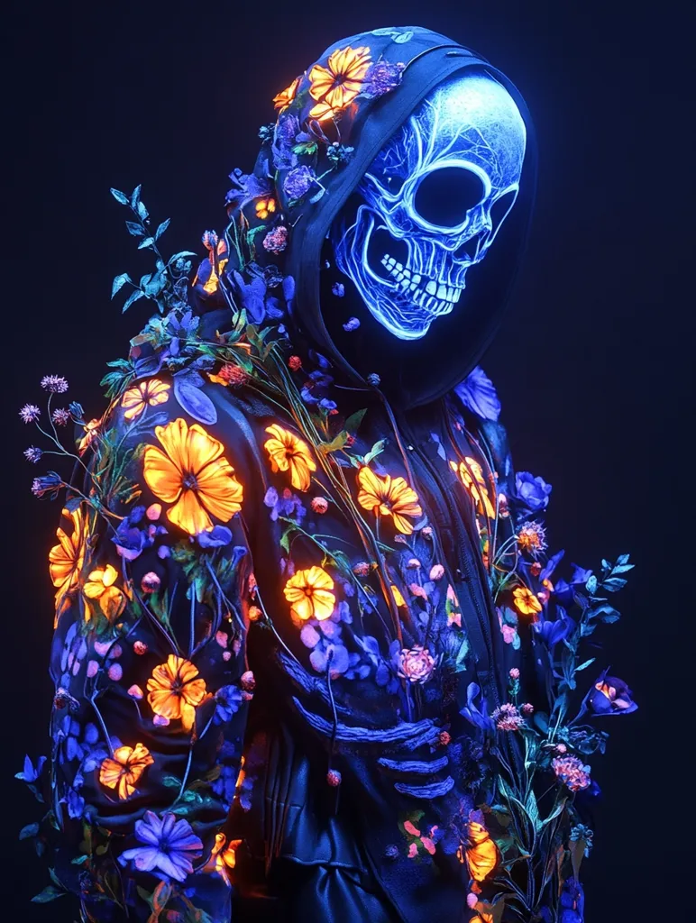 A digital artwork depicts a figure shrouded in a dark hooded jacket adorned with vibrant, glowing flowers in hues of orange and blue.  The hood conceals a skull, its bone structure rendered in a luminous blue. The contrast between the dark clothing, the glowing skull, and the bright flowers creates a striking and surreal image, blending elements of life and death, beauty and decay.