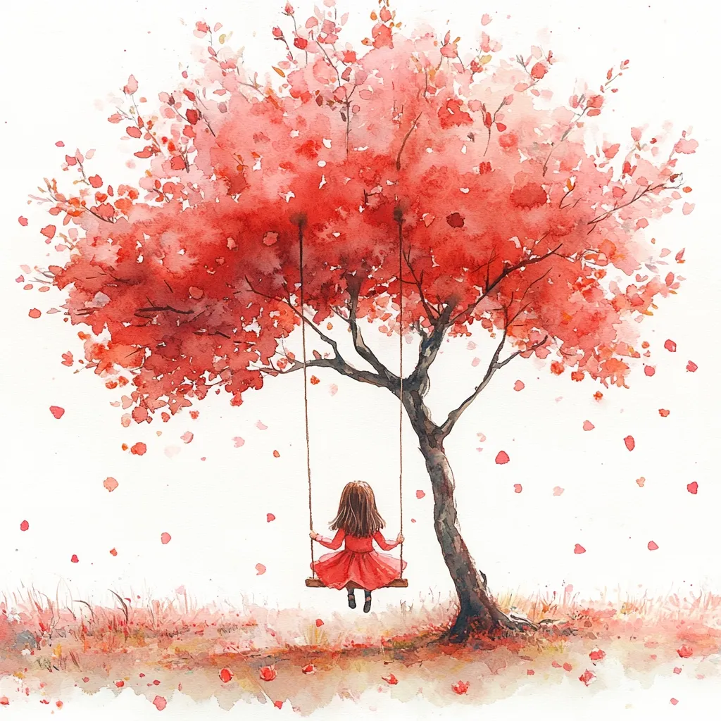 A watercolor painting depicts a young girl in a red dress sitting on a swing hanging from a vibrant, red-leafed tree.  Petals gently fall from the tree, creating a serene autumnal scene. The style is whimsical and evokes feelings of peace and tranquility. The girl's back is to the viewer, adding to the contemplative mood of the artwork.