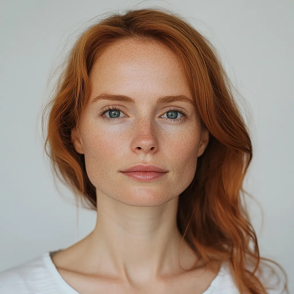 A young woman with long, wavy auburn hair and fair skin looks directly at the camera.  Her light blue eyes are clear and her expression is calm and neutral.  She has freckles across her nose and cheeks, and her makeup is minimal. She is wearing a simple white t-shirt. The background is a plain light grey.