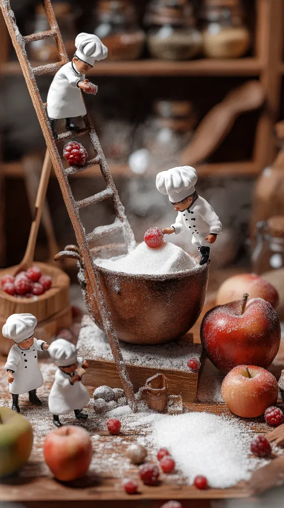 Miniature chefs in white coats work amidst a snowy, rustic kitchen scene.  One chef climbs a wooden ladder, while another adds red berries to a bowl of powdered sugar.  The scene includes apples, cranberries, and a wooden barrel, creating a charming, whimsical bakery setting.  Flour dusts the wooden table, adding to the overall ambiance.
