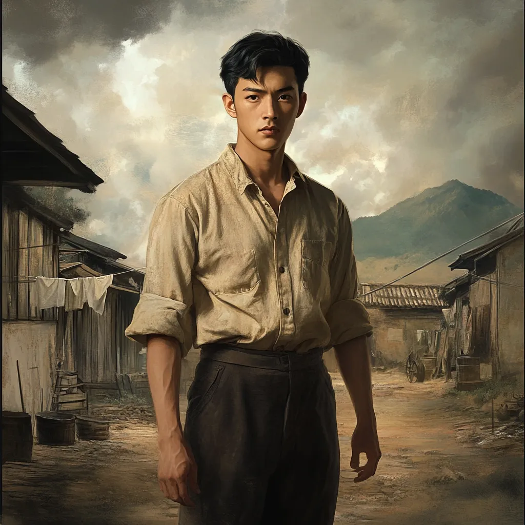 A young man with dark hair stands in a rural setting, dressed in a light tan, long-sleeved shirt and dark trousers.  The background depicts a dusty village street lined with simple houses and laundry hanging to dry.  A distant mountain is visible under a cloudy sky. The overall style suggests a period piece or historical drama.  The man's expression is serious and contemplative.