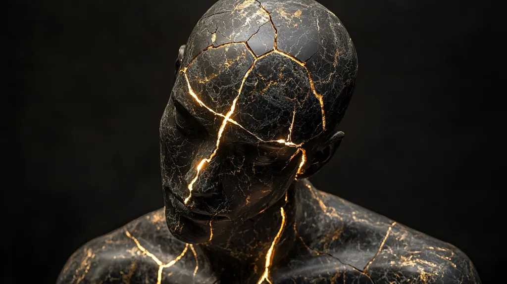 A dark, cracked statue of a human figure is illuminated from within.  The cracks are highlighted with a warm, golden light, creating a stark contrast against the black stone. The statue's head is bowed, and the overall effect is one of fragility and inner light, suggesting vulnerability and resilience.  The image is dramatically lit against a black background.