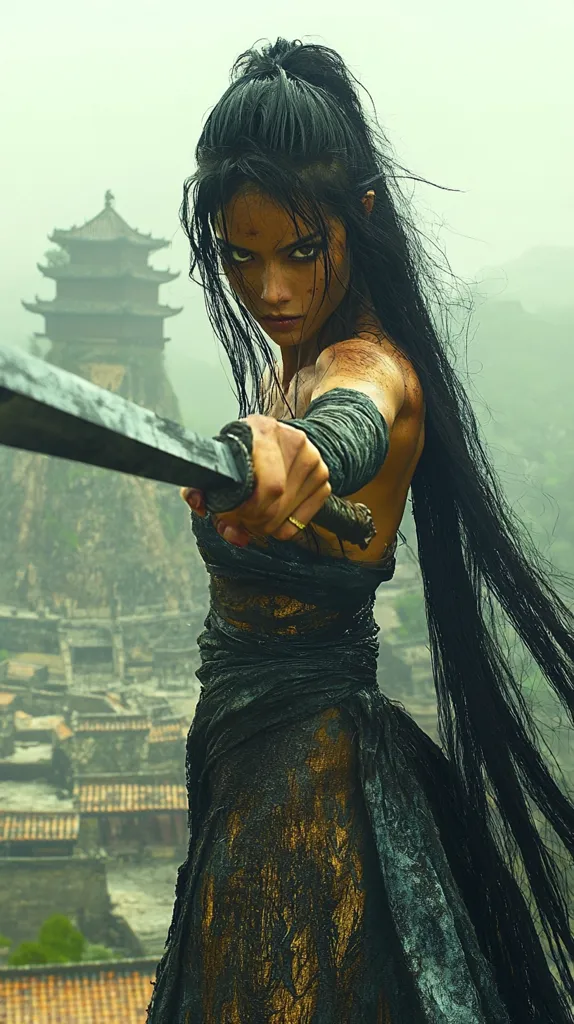 A fierce female warrior, her long black hair cascading down her back, grips a sword with intensity.  Dirt stains her skin and clothes, suggesting a recent battle.  She stands defiantly, her gaze sharp and unwavering, against a backdrop of a misty Asian village and ancient architecture.  The overall mood is one of gritty determination and power.