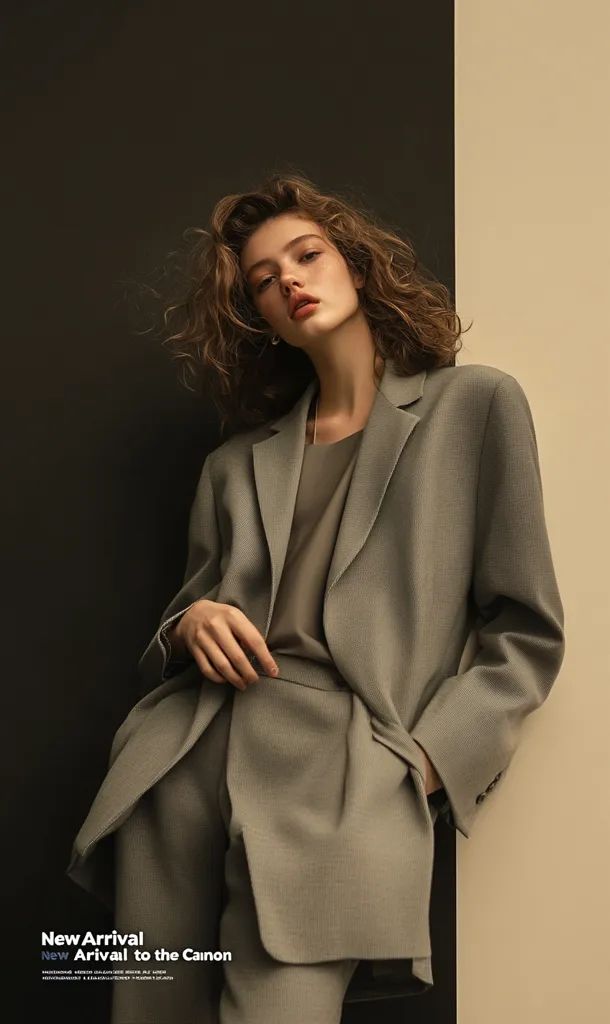 A stylish woman with curly brown hair models a new arrival sage green suit.  The tailored blazer and coordinating pants create a sophisticated and chic look.  The model poses against a stark black and beige backdrop, highlighting the subtle texture of the fabric.  The image promotes the new clothing line with a minimalist aesthetic.