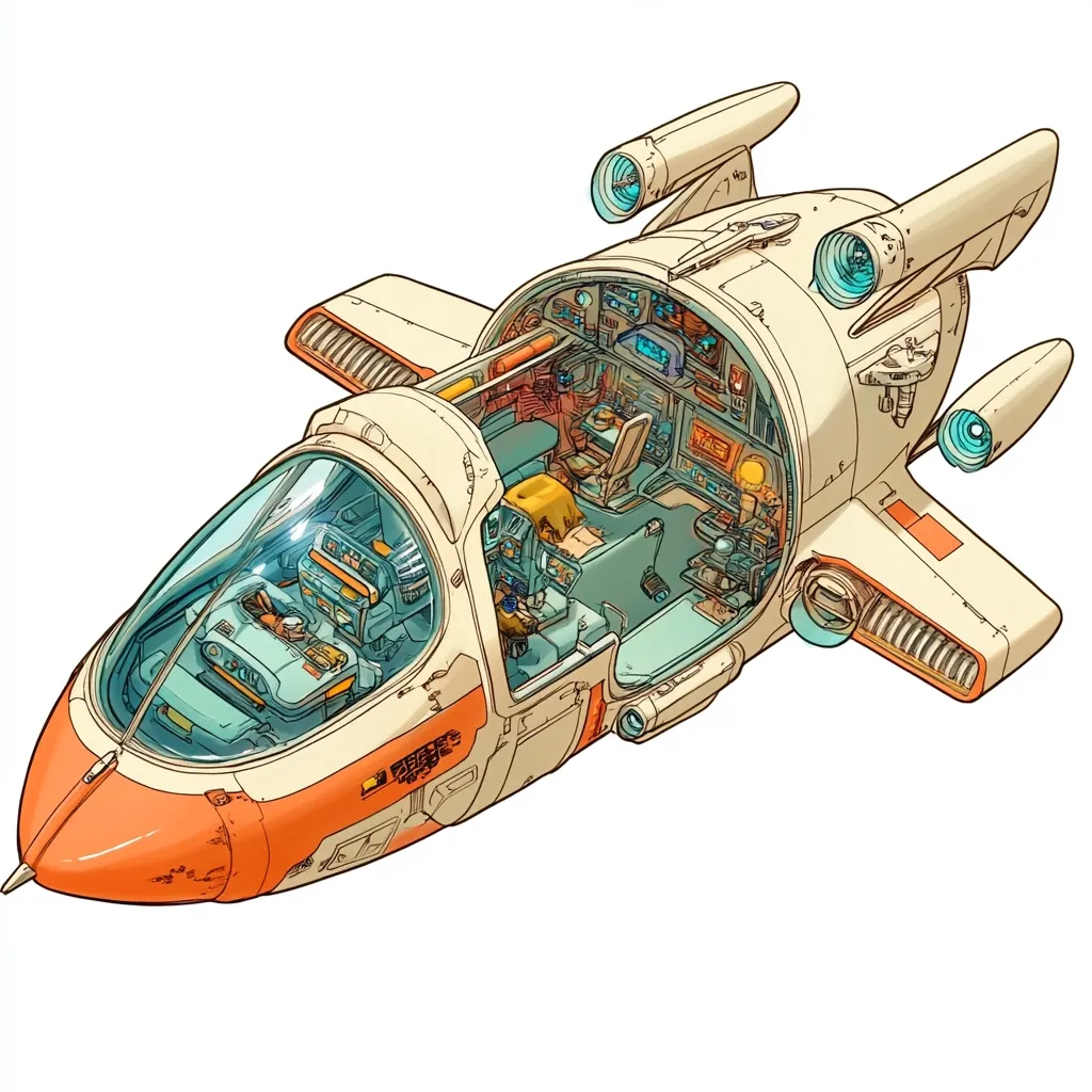 A detailed cutaway illustration of a retro-futuristic spaceship reveals its interior.  The vessel is predominantly off-white with orange accents, featuring a spacious cockpit with visible control panels, seating, and various equipment.  The exterior showcases sleek wings, engines, and a transparent canopy offering a clear view of the pilot's area. The style is reminiscent of classic science fiction art.