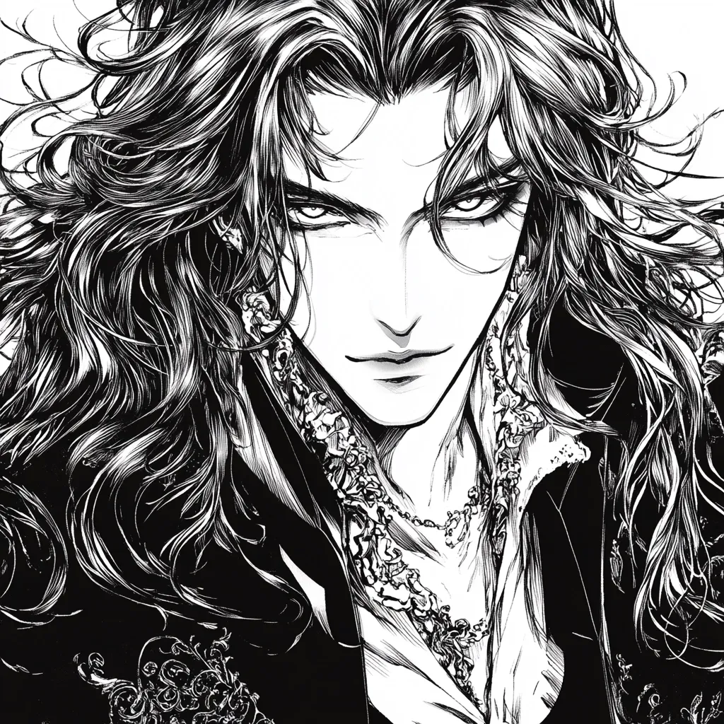 A close-up, black and white illustration depicts a man with long, flowing hair. His intense gaze and sharp features suggest a brooding, perhaps even sinister, character. He wears an ornate collar and necklace, hinting at a lavish or aristocratic background. The detailed linework creates a dramatic and stylish aesthetic, reminiscent of manga or graphic novel art. His expression is both alluring and menacing.