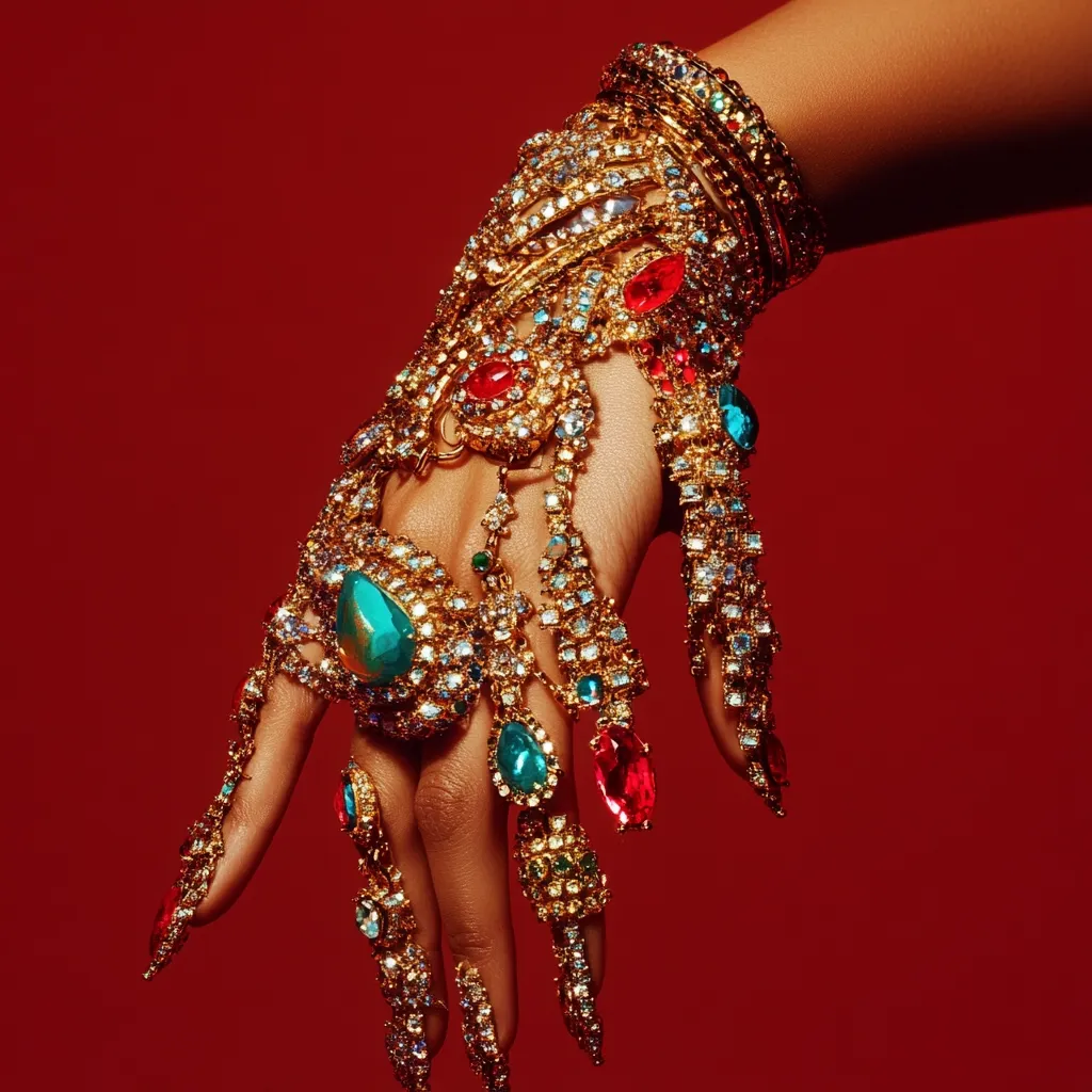 A hand adorned with elaborate gold jewelry featuring vibrant red and turquoise gemstones.  The intricate design includes multiple bangles, rings, and long, dangling elements covering the hand and fingers. The rich, golden hue contrasts sharply against the deep red background, creating a striking image of opulent adornment.