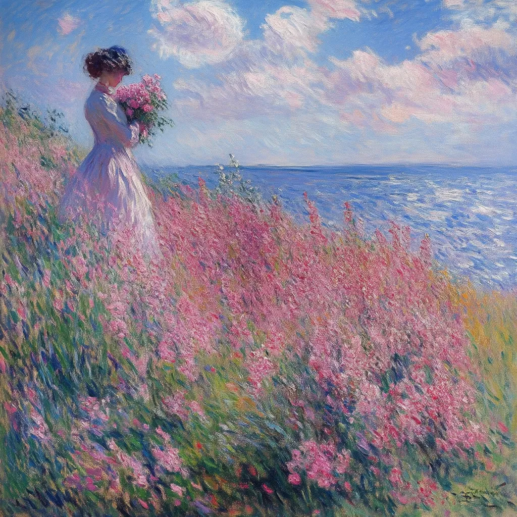 A woman in a flowing white dress stands amidst a vibrant field of pink flowers, gently holding a bouquet. The scene is idyllic, with a calm sea visible in the background under a bright, partly cloudy sky.  The artist employs a loose, impressionistic style, capturing the light and movement of both the flowers and the ocean. The overall effect is one of serenity and beauty.