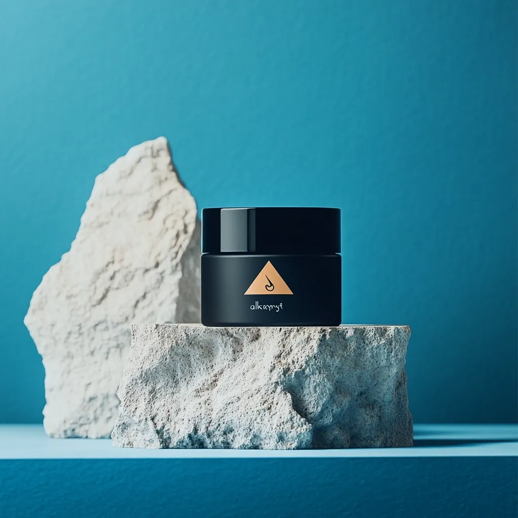 A black jar of Alkemist skincare sits atop a small, rough-hewn rock formation.  The rock rests on a teal surface, with a larger, similar rock behind it. The minimalist design emphasizes the product's sleek, sophisticated packaging against a simple, natural backdrop.  The overall aesthetic is calming and luxurious.
