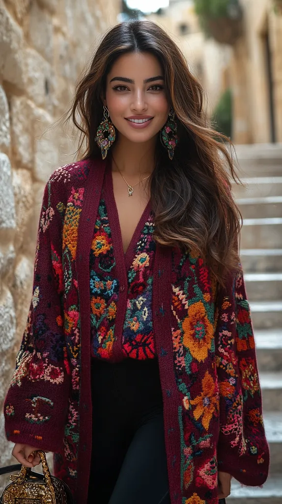 A young woman with long brown hair smiles warmly. She wears a dark-red, long-sleeved cardigan adorned with vibrant floral embroidery.  Underneath, a matching top is visible.  Her large, colorful earrings complement the cardigan's design.  She carries a gold handbag, and the background suggests a charming, stone-walled alleyway.