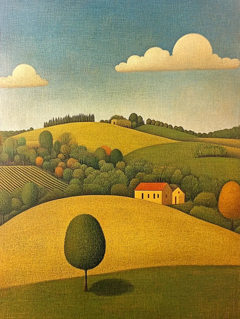 A stylized landscape painting depicts rolling hills under a partly cloudy sky.  Golden fields dominate the foreground and midground, dotted with simplified trees and a small, ochre house with a red roof nestled amongst the greenery.  A single, rounded tree stands prominently in the lower foreground.  The style is reminiscent of naive art, with a focus on flat planes of color and simple forms.