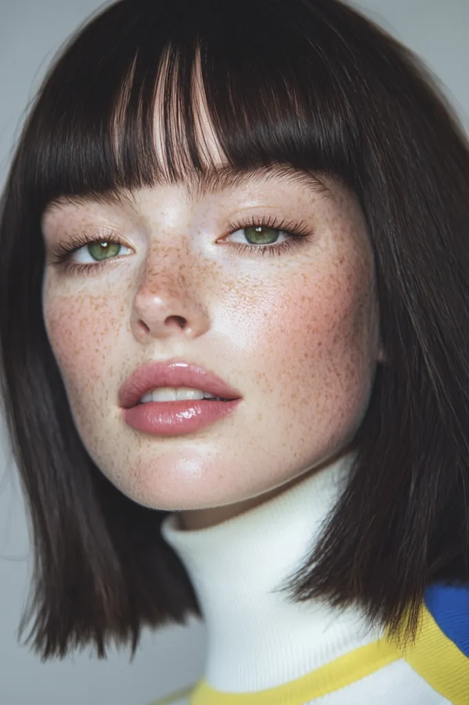 Close-up portrait of a young woman with a bob haircut and straight bangs.  She has fair skin with freckles, light makeup, and green eyes. Her expression is soft and neutral. She is wearing a white turtleneck sweater with yellow and blue details at the shoulders.  The lighting is soft and diffused, highlighting her skin texture.