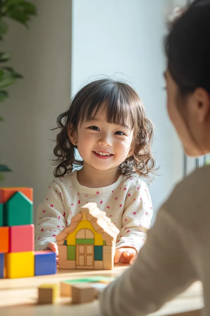 A young girl with a beaming smile sits at a table, attentively building a small wooden house with colorful blocks.  A woman, partially visible, sits beside her, observing the child's play. The scene is bright and warm, conveying a sense of nurturing and playful interaction.  More colorful blocks are stacked nearby.