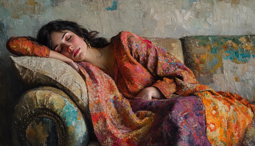 A young woman with dark hair sleeps peacefully on a richly textured couch.  She is draped in a vibrant, multicolored shawl and robe, the colors echoing in the textured background. The painting's impasto style gives the scene a dreamlike quality, emphasizing the warmth and intimacy of the moment.  The overall effect is one of quiet beauty and restful slumber.