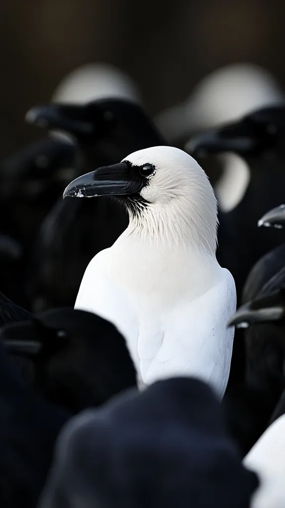 A striking white crow stands out amongst a group of dark-feathered crows.  Its stark white plumage contrasts sharply with its black beak and eyes, creating a dramatic visual effect. The background is blurred, focusing attention on the unique bird and its unusual coloration.  The image suggests a theme of difference or individuality within a collective.