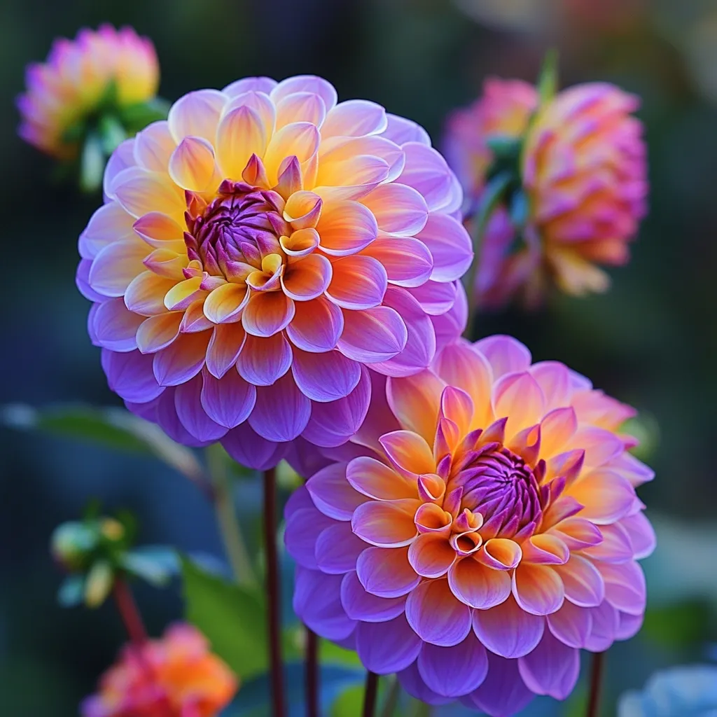Two vibrant dahlia blossoms dominate the foreground, their petals a captivating blend of purple and orange-yellow.  The flowers are densely packed, showcasing intricate detail.  Smaller, blurred dahlias in similar hues create a soft background, enhancing the focus on the central blooms.  The overall impression is one of lush color and delicate beauty.