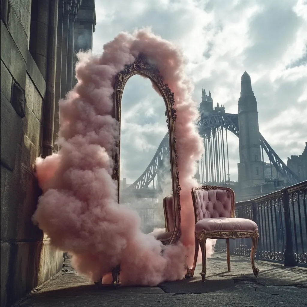 A large ornate gold mirror stands partially obscured by a billowing cloud of pink smoke.  A delicate pink upholstered chair sits beside it.  The backdrop features a grey, industrial bridge under a cloudy sky, creating a dramatic and surreal juxtaposition of elegance and urban grit.  The overall mood is mysterious and artistic.