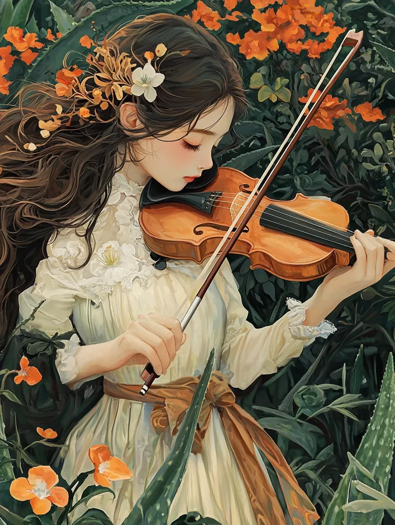 A young woman with long brown hair adorned with orange and white flowers plays a violin.  She is dressed in a flowing, cream-colored gown with lace details and a brown sash. The setting is a lush garden filled with vibrant green foliage and orange blossoms, creating a serene and picturesque scene. The artwork is painted in a style that evokes a sense of calm and beauty.