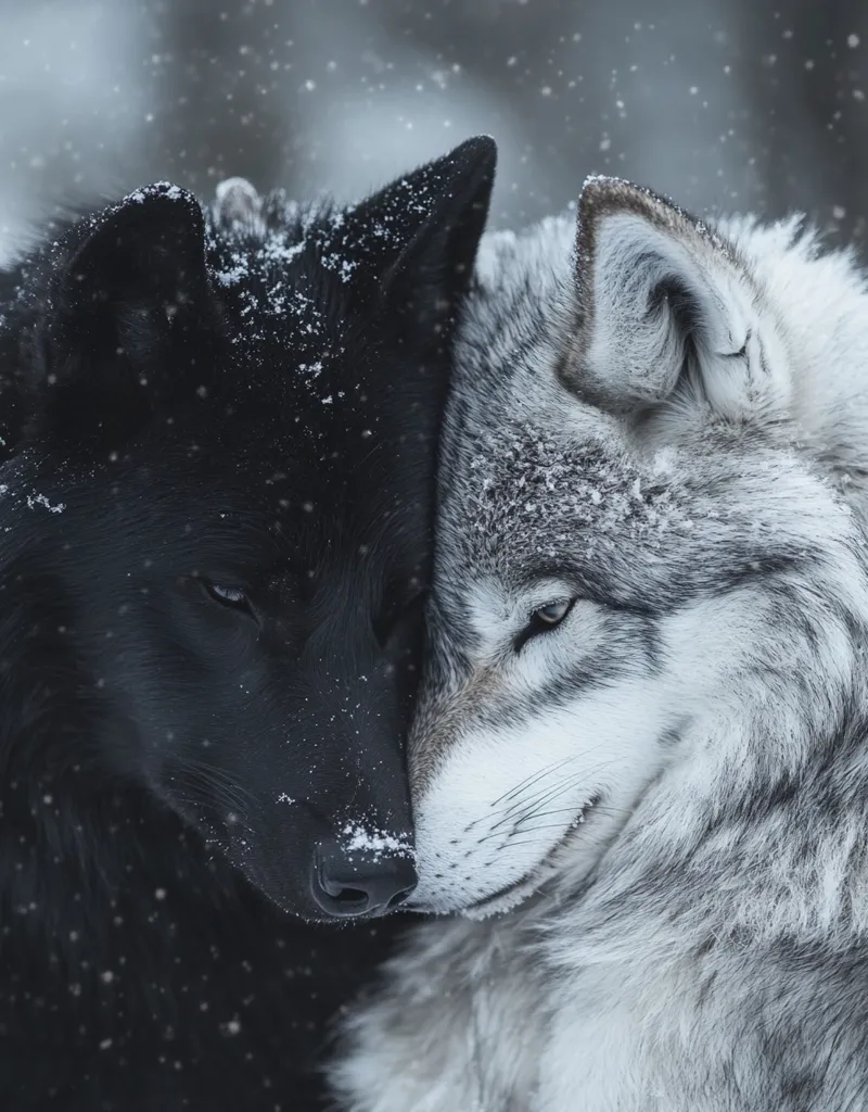 A black wolf and a gray wolf stand close together, their heads touching, in a snowy environment.  Snowflakes gently fall around them.  The wolves appear calm and peaceful, their fur dusted with snow. The contrast between the black and gray fur is striking against the muted background. The image evokes a sense of tranquility and companionship.