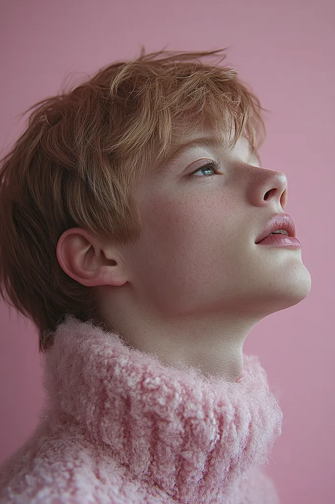 Close-up portrait of a young person with short, light blonde hair and fair skin, wearing a fluffy pink turtleneck sweater.  Their head is tilted back, eyes looking upwards, against a solid pink background. The image evokes a sense of dreamy innocence and gentle beauty.  Freckles are visible on their cheeks and nose.