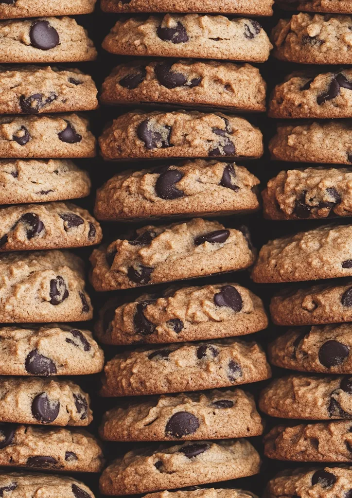 A close-up shot reveals stacks of golden-brown chocolate chip cookies.  Each cookie is generously studded with dark chocolate chips, and the stacks create a visually appealing, textured pattern. The cookies appear soft and chewy, inviting a sense of warmth and deliciousness.  The image's focus is on the rich textures and colors of the baked goods.