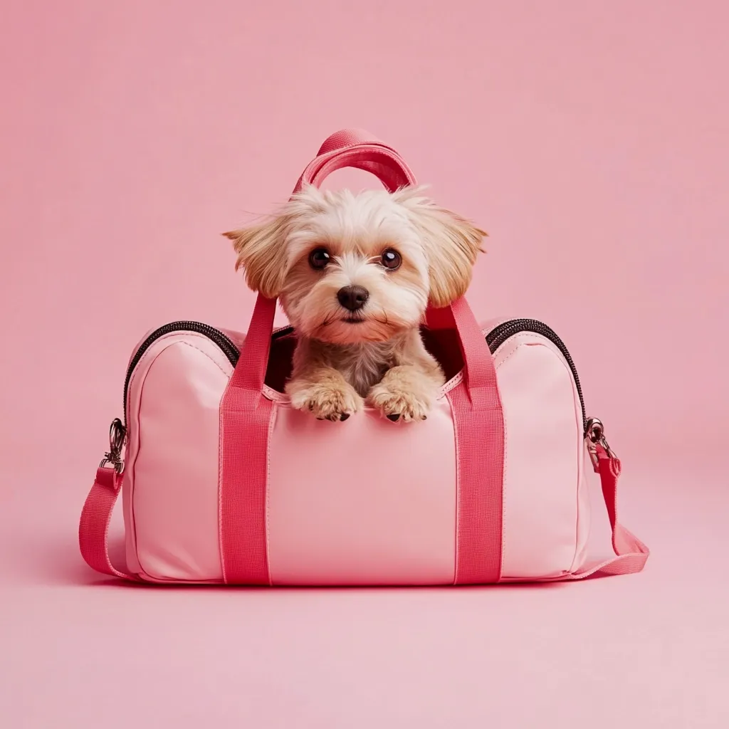 A fluffy, light brown puppy sits inside a pink duffel bag.  The bag has bright pink straps and is set against a matching pink background. The puppy's paws rest on the top of the bag, and it looks directly at the camera with a curious expression.  The overall image is bright, cheerful, and playful.