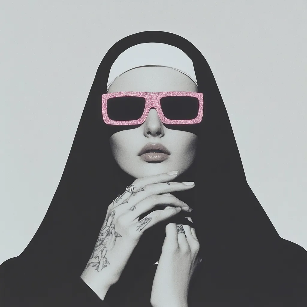 A monochrome portrait of a nun with heavily tattooed hands. She wears large, pink glitter sunglasses and a black habit. Her expression is serious and her hands are delicately clasped under her chin. The contrast between the traditional religious attire and the modern, edgy tattoos and sunglasses creates a striking visual juxtaposition.  The image is stylish and subtly rebellious.