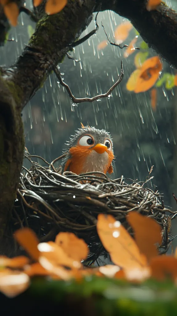 A cute, cartoonish bird sits in its nest under a tree during a rain shower.  The bird is predominantly orange and grey, with large, expressive eyes.  Rain droplets cling to the branches and leaves surrounding the nest, creating a cozy, autumnal scene.  Fallen leaves are scattered on the ground, adding to the ambiance.  The image evokes a sense of warmth and tranquility despite the rain.
