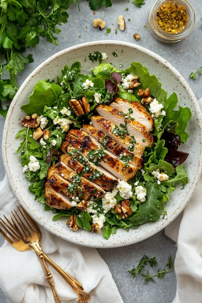 A vibrant salad features sliced grilled chicken breast drizzled with a vibrant green herb dressing.  The chicken rests atop a bed of mixed greens, crumbled feta cheese, and chopped pecans.  The salad is served in a speckled white bowl, alongside gold forks and a small jar of seasoning.  Fresh herbs are scattered around the bowl, completing the fresh and healthy presentation.