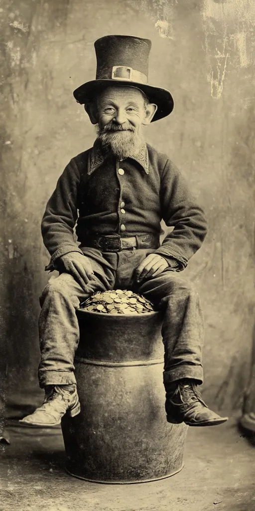A sepia-toned photograph depicts an elderly man, possibly Irish, wearing a top hat and seated on a barrel filled with coins.  His attire is simple, dark clothing with sturdy boots.  He has a kind, weathered face and a full beard. The image has a vintage, possibly late 19th or early 20th-century, feel. The background is textured and muted.  The overall impression is one of age, prosperity, and a touch of whimsy.