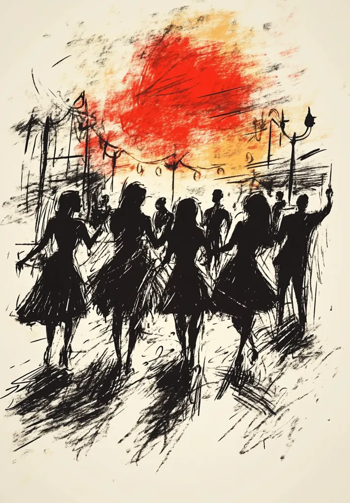 A dynamic black and white sketch depicts a lively street scene. Silhouetted figures, predominantly women in dresses, dance and interact under a vibrant, red-hued sky.  String lights suggest a festive atmosphere.  The expressive brushstrokes convey movement and energy, capturing the spirit of a bustling outdoor gathering.  The background hints at buildings and streetlamps, adding depth to the composition.