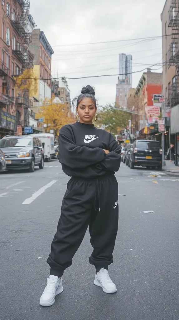 A young woman with a bun hairstyle stands on a city street, arms crossed. She's dressed in a complete black Nike tracksuit: a crewneck sweatshirt with a prominent logo and matching sweatpants, accented with subtle Nike branding. Her white Nike sneakers complete the sporty look. The urban backdrop features brick buildings and parked cars, conveying a stylish, street-smart vibe.