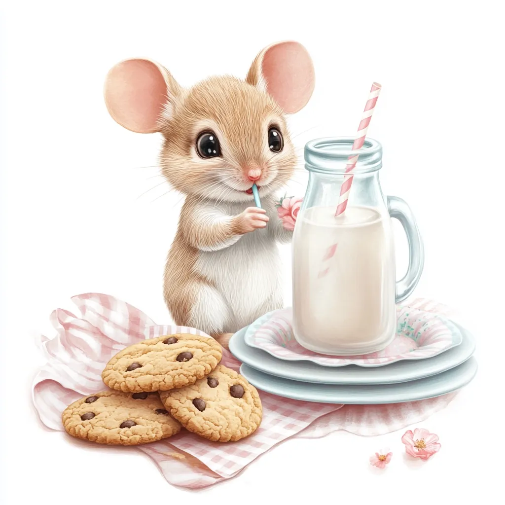 An adorable illustration features a cute cartoon mouse enjoying a glass of milk with a straw.  Three chocolate chip cookies sit on a pink and white checkered napkin beside a stack of pretty plates.  The mouse is light brown with large eyes, and the overall style is sweet and charming, perfect for children's books or stationery.  Delicate pink flowers add a touch of whimsy to the scene.