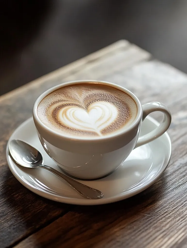 A steaming cup of latte art sits on a rustic wooden table.  The white cup, filled with creamy coffee featuring a heart design, rests on a matching saucer. A silver spoon is placed beside it. The warm lighting and shallow depth of field create a cozy and inviting atmosphere, perfect for a relaxing moment.