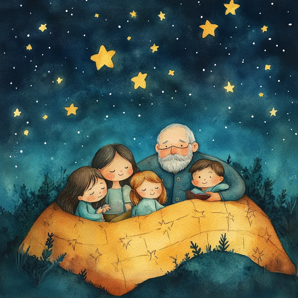 A heartwarming watercolor illustration depicts a grandfather and three grandchildren nestled under a star-patterned blanket outdoors at night.  The starry sky is a deep blue, twinkling above them. The grandfather, with a long white beard, reads a book to the children who are snuggled close, creating a scene of peaceful family togetherness.  The soft colors and gentle expressions evoke a sense of warmth and love.