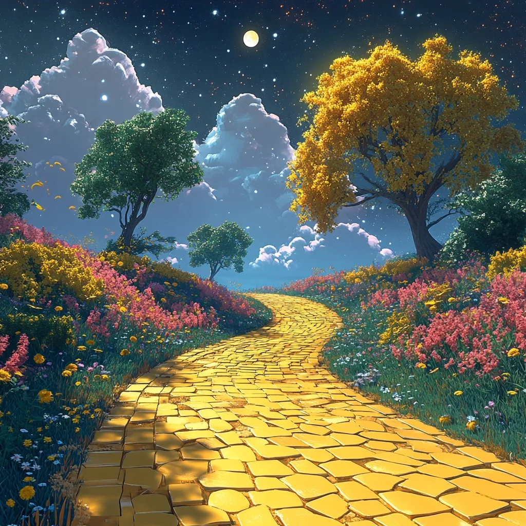 A whimsical, digitally-painted scene depicts a winding yellow brick road meandering through a vibrant landscape.  Lush wildflowers in pink, yellow, and purple bloom along the path, framed by green and golden trees.  A full moon and starry night sky create a magical, dreamlike atmosphere. The road evokes a sense of journey and wonder, reminiscent of classic fairy tales.
