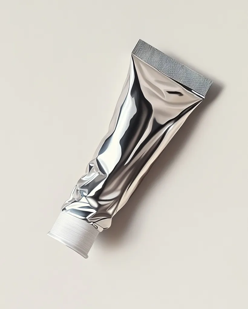 A silver, metallic tube of cream or ointment is shown lying on a light beige background.  The tube is partially squeezed, showing wrinkles in the metal.  The cap is white and is at the bottom of the image.  The overall impression is one of clean, minimalist design.